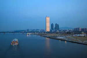 Light Trails Prints: Korea, Seoul, Yeouido, 63 Building - one of Seouls most famous landmarks, on the banks