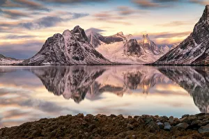 Reine Prints: Krakhammer Reflecting in Kjerk-fjorden, Reine, Lofoten Islands, Norway