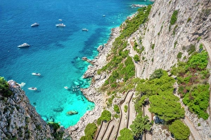 Capri Prints: Via Krupp, Capri. Seascape and public staircase. Naples, Italy