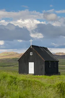 Krysuvikurkirkja church on green landscape, Krysuvik, The Capital Region, Iceland