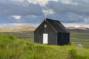 Krysuvikurkirkja church on green landscape, Krysuvik, The Capital Region, Iceland