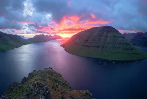 Orange Color Prints: Kunoy island and Klakkur mountain, , Klaksvik, Bordoy island, Faroe Islands
