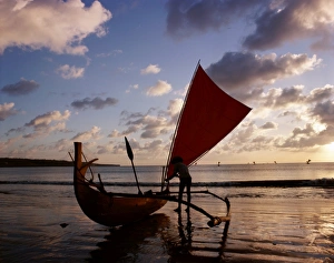 Boatman Prints: Kuta Beach / Outrigger Boat & Boatman / Sunset, Bali, Indonesia