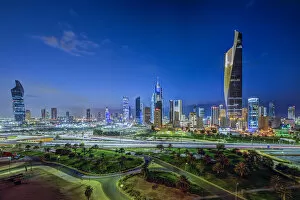 Kuwait, Kuwait City, Elevated view of the modern city skyline and central business