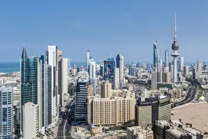 Kuwait, Kuwait City, Elevated view of the modern city skyline and central business