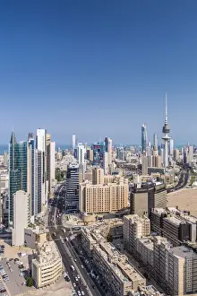 Kuwait, Kuwait City, Elevated view of the modern city skyline and central business