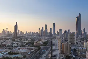 Kuwait, Kuwait City, Elevated view of the modern city skyline and central business