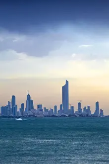 Corniche Prints: Kuwait, Kuwait City, Salmiya, Arabian Gulf and City skyline looking towards Al Hamra
