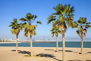 Corniche Prints: Kuwait, Kuwait City, Salmiya, Palm beach with city skyline in background