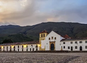 Our Lady of the Rosary Church at dawn, Plaza Mayor, Villa de Leyva, Boyaca Department
