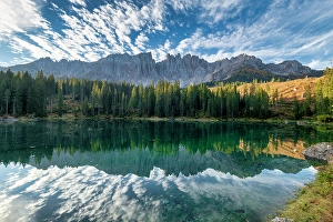Lago di Carezza Reflections of Latemar Mountains, Dolomites, Trentino-Alto Adige, South Tyrol, Italy
