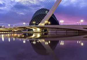 Sciences Prints: L'√Agora and the Assut de l'Or Bridge reflecting in a shallow pool of water