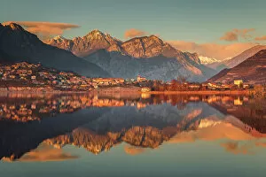 North Italy Collection: Lake Annone with Civate village and Lecco mountains reflected, Brianza, Lecco province, Lombardy