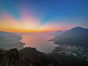 Volcanoes Prints: Lake Atitlan seen from Rostro Maya or Indian Nose at dawn, Solola Department, Guatemala