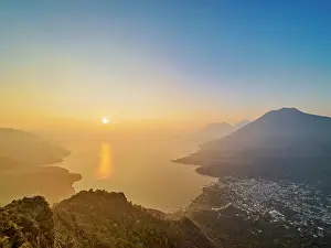 Volcanoes Prints: Lake Atitlan seen from Rostro Maya or Indian Nose at sunrise, Solola Department, Guatemala
