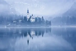 Lake Bled Prints: Lake Bled at dawn in winter with Assumption of Marys Pilgrimage Church, Slovenia