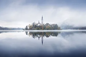 High Prints: Lake Bled during a foggy autumn sunrise, Slovenia