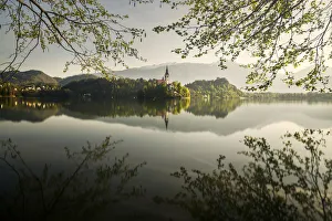 Lake Bled during a sunny spring sunrise, Slovenia