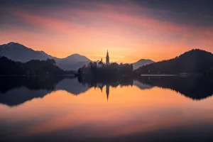 Relfections Prints: Lake Bled at twilight in spring, Slovenia