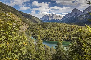 Mountain Pass Prints: Lake Blindsee at Fernpass with Zugspitze massif, Biberwier, Tyrol, Austria