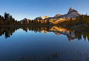 Mountains Landscape Prints: Lake Federa, Dolomites, Italy. A little alpine lake in the Dolomites, in the background