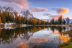 Massif Prints: Lake Lago Antorno in autumn, reflection of Cadini di Misurina, Belluno, Veneto