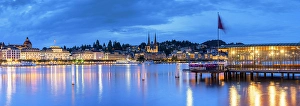 Lucerne Prints: Lake Lucerne promenade and ferry pier at dusk, Lucerne, Switzerland