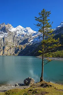 Lake Oeschinen with Blumlisalp mountain range, Kandersteg, Berner Oberland, Switzerland