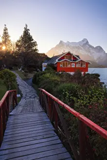 Provincia De Ultima Esperanza Prints: Lake Pehoe and Hosteria Pehoe with Mountains in the background