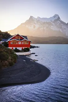 Provincia De Ultima Esperanza Prints: Lake Pehoe and Hosteria Pehoe with Mountains in the background