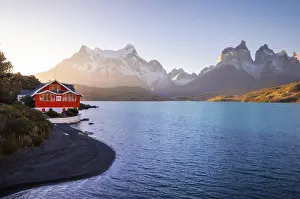 Provincia De Ultima Esperanza Prints: Lake Pehoe and Hosteria Pehoe with Mountains in the background