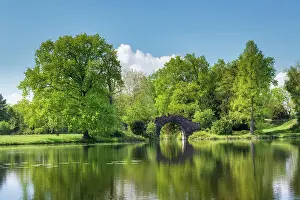 East Germany Prints: Lake Worlitz with stone bridge