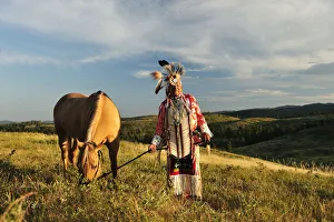 Images Dated 29th May 2013: Lakota Indian in the Black Hills with Horse, Western South Dakota, USA. MR