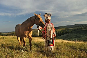 Horses Collection: Lakota Indian in the Black Hills with Horse, Western South Dakota, USA. MR