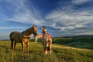 Images Dated 29th May 2013: Lakota Indian in the Black Hills with Horse, Western South Dakota, USA. MR