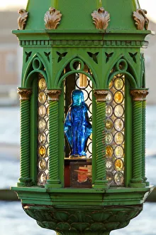 Virgin Prints: Lamp with statue of a Virgin at a gondola berth, Piazzetta San Marco, Venice, Veneto