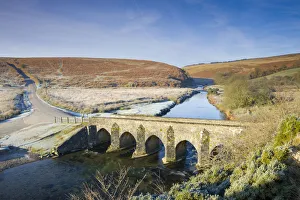 Landacre bridge and frost covered winter moorland, Exmoor National Park, Somerset