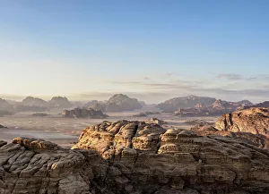 Landscape of Wadi Rum at sunrise, aerial view from a balloon, Aqaba Governorate, Jordan