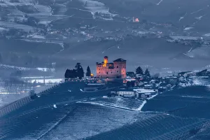 Langhe, Cuneo district, Piedmont, Italy. Langhe wine region winter snow