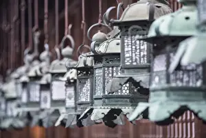 Lanterns at Kasuga Taisha Shrine (UNESCO World Heritage Site) at dusk, Nara, Kansai
