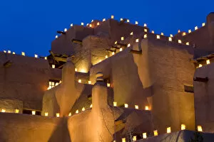 South Western Collection: Lanterns lighting adobe building, Santa Fe, New Mexico, USA