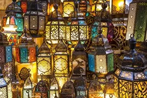 Bazaar Gallery: Lanterns for sale in a shop in the Khan el-Khalili bazaar (Souk), Cairo, Egypt