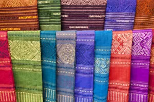 Images Dated 6th March 2012: Laos, Luang Prabang, Ban Xang Hai Village, Display of Souvenir Silk Scarfs