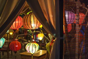 Laotian Prints: Laos, Luang Prabang, lanterns along Mekong Riverfront