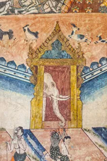 Images Dated 6th September 2018: Laos, Luang Prabang, Wat Pa Huak, interior mural of elephant