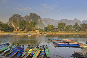 Laos, Vang Vieng. Nam Song River and Karst Landscape