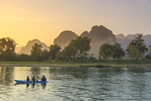 Laos, Vang Vieng. Nam Song River and Karst Landscape