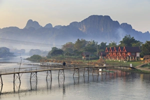 Laos, Vang Vieng. Nam Song River and Karst Landscape