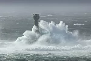 Images Dated 17th February 2021: Large waves crashing over Longships Lighthouse, Lands End, Cornwall, England, UK