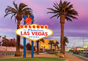 Neon Sign Prints: Las Vegas Famous Welcome Sign, Illuminated, Neon, Las Vegas, Nevada, USA
